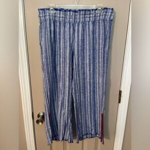 Blue Rein linen blend blue white striped slit leg elastic waist beach pants Sz L
